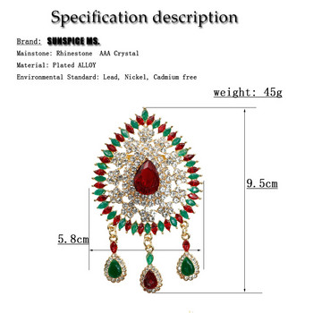 Sunspicems Moroccan Rhinestone Caftan Brooch Pin for Women Златен цвят Червен Зелен Кристал Брошки Брошки Сватбени бижута Подарък