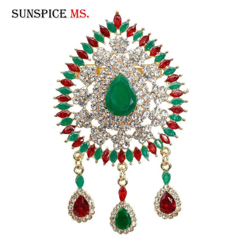 Sunspicems Broșă caftan cu stras marocan pentru femei de culoare aurie, roșu, verde, cristal, broșe, cadou de bijuterii de nuntă