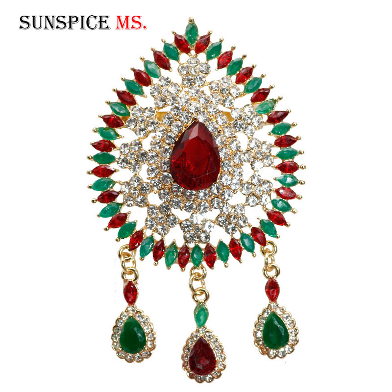 Sunspicems Broșă caftan cu stras marocan pentru femei de culoare aurie, roșu, verde, cristal, broșe, cadou de bijuterii de nuntă