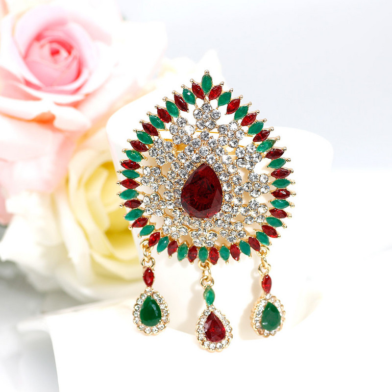 Sunspicems Broșă caftan cu stras marocan pentru femei de culoare aurie, roșu, verde, cristal, broșe, cadou de bijuterii de nuntă