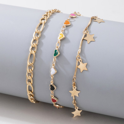 Tocona 3 buc/seturi Bijuterii colorate cu lanț pentru picioare, cu inimă, cu ciucuri cu stea, pentru femei, bijuterii boho geometrice din aliaj de aur din metal 16294