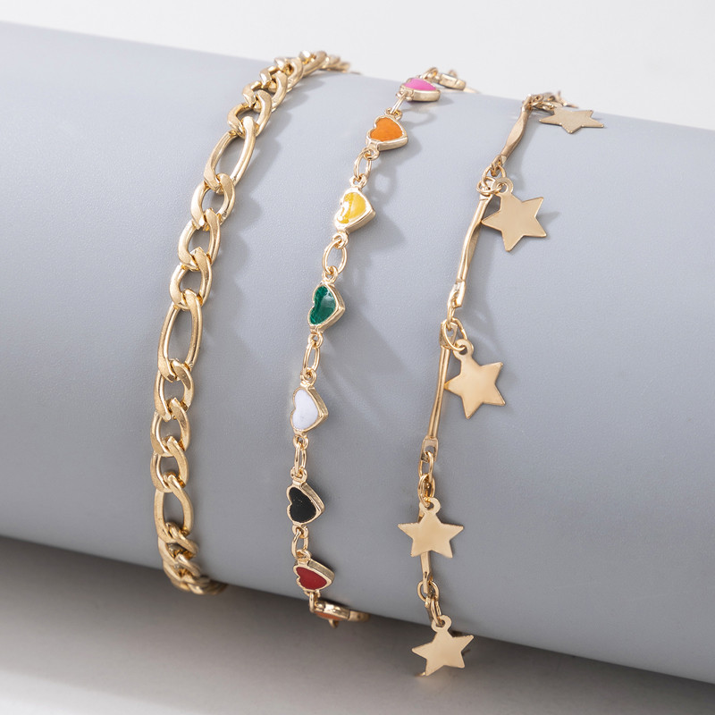 Tocona 3 buc/seturi Bijuterii colorate cu lanț pentru picioare, cu inimă, cu ciucuri cu stea, pentru femei, bijuterii boho geometrice din aliaj de aur din metal 16294