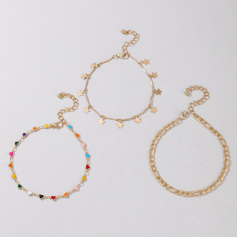 Tocona 3 buc/seturi Bijuterii colorate cu lanț pentru picioare, cu inimă, cu ciucuri cu stea, pentru femei, bijuterii boho geometrice din aliaj de aur din metal 16294