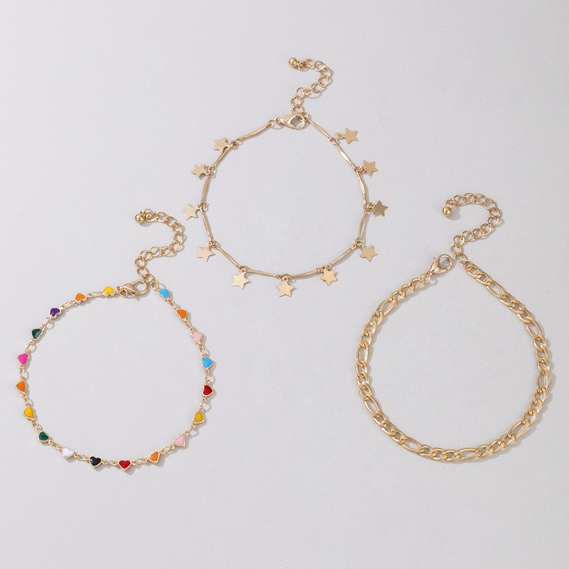 Tocona 3 buc/seturi Bijuterii colorate cu lanț pentru picioare, cu inimă, cu ciucuri cu stea, pentru femei, bijuterii boho geometrice din aliaj de aur din metal 16294