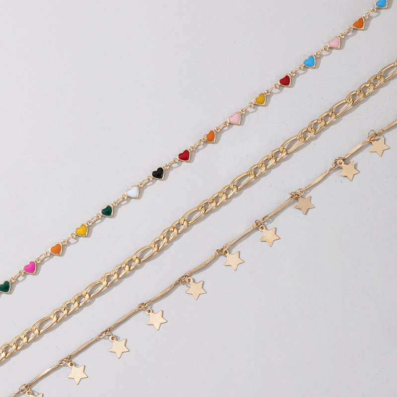 Tocona 3 buc/seturi Bijuterii colorate cu lanț pentru picioare, cu inimă, cu ciucuri cu stea, pentru femei, bijuterii boho geometrice din aliaj de aur din metal 16294