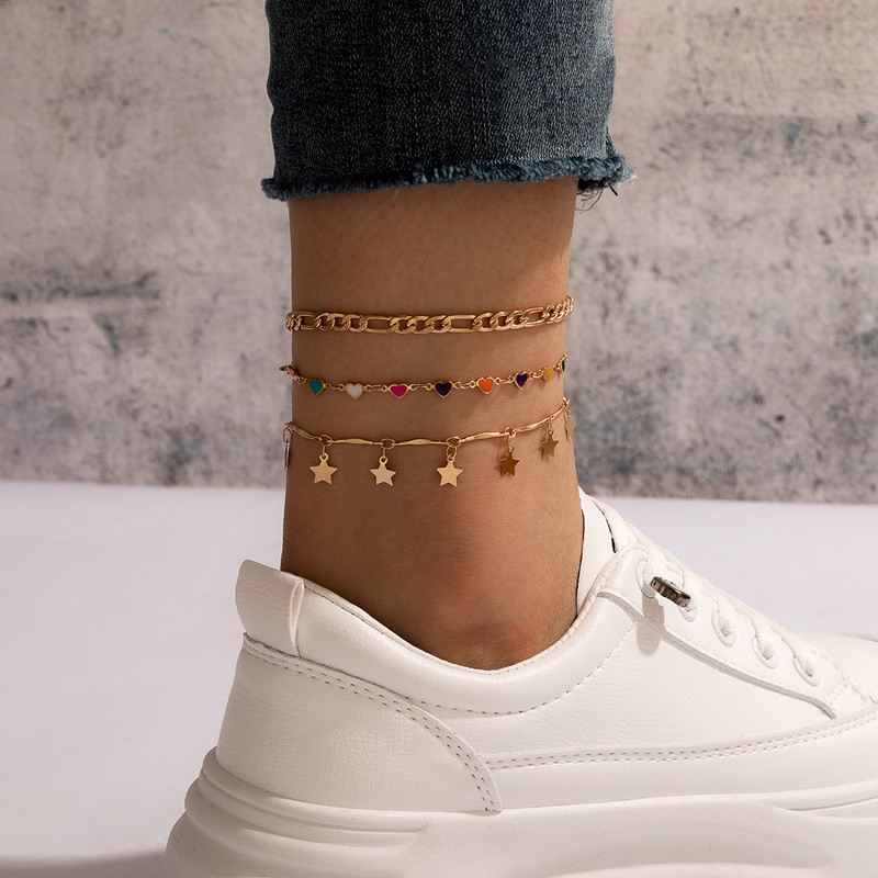Tocona 3 buc/seturi Bijuterii colorate cu lanț pentru picioare, cu inimă, cu ciucuri cu stea, pentru femei, bijuterii boho geometrice din aliaj de aur din metal 16294