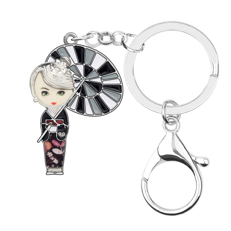Bonsny Emajl Legura Elegantna japanska lutka Privjesci za ključeve Anime Lovely Girl Privjesci za ključeve Nakit za žene Tinejdžeri Slatki modni dodatak