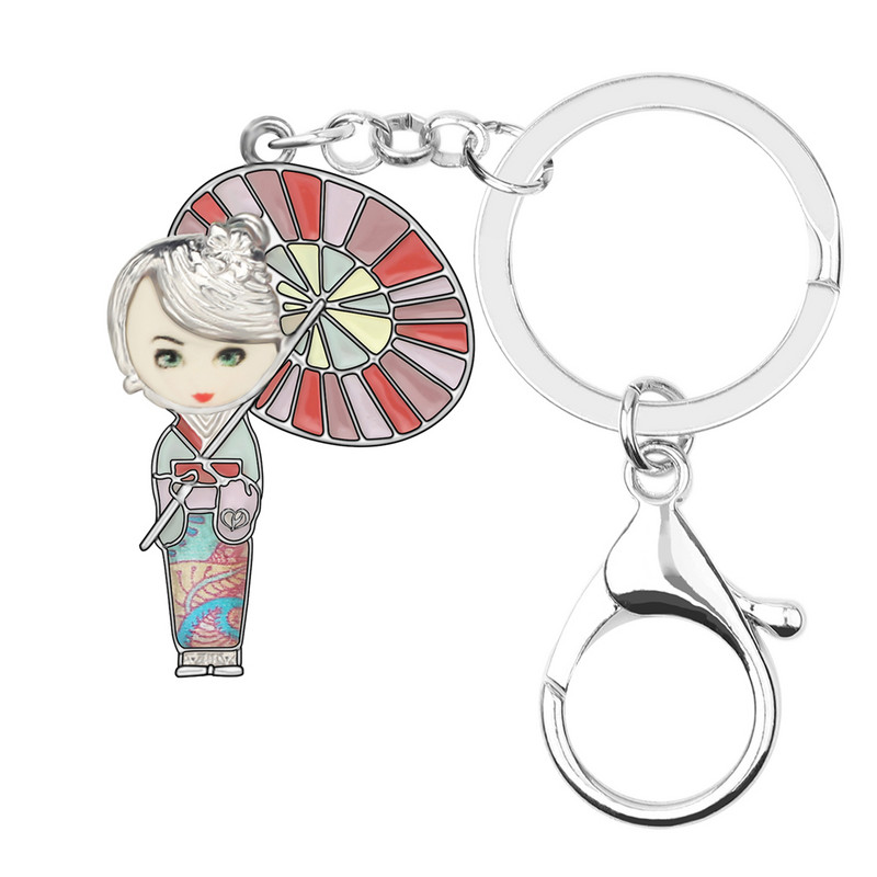 Bonsny Emajl Legura Elegantna japanska lutka Privjesci za ključeve Anime Lovely Girl Privjesci za ključeve Nakit za žene Tinejdžeri Slatki modni dodatak
