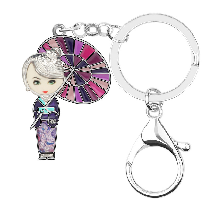 Bonsny Emajl Legura Elegantna japanska lutka Privjesci za ključeve Anime Lovely Girl Privjesci za ključeve Nakit za žene Tinejdžeri Slatki modni dodatak