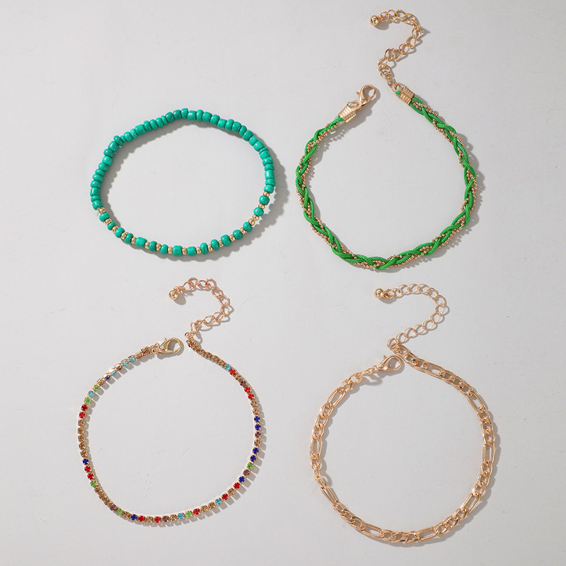 Tocona Brațe de gleznă de cristal colorate de lux pentru femei Bohe Lucru manual cu margele verzi Set de gleznă cu mai multe straturi Bijuterii 4buc/set 15476