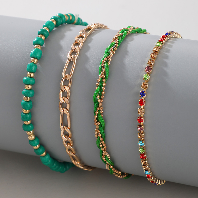 Tocona Brațe de gleznă de cristal colorate de lux pentru femei Bohe Lucru manual cu margele verzi Set de gleznă cu mai multe straturi Bijuterii 4buc/set 15476