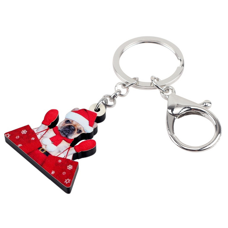 Bonsny Acrilic Cumpărături de Crăciun Bulldog Câine Breloc Inele Breloc Cadou de Crăciun Bijuterii Animale Pentru Femei Fete Brelocuri Geanta Natal