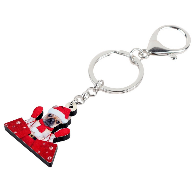 Bonsny Acrilic Cumpărături de Crăciun Bulldog Câine Breloc Inele Breloc Cadou de Crăciun Bijuterii Animale Pentru Femei Fete Brelocuri Geanta Natal