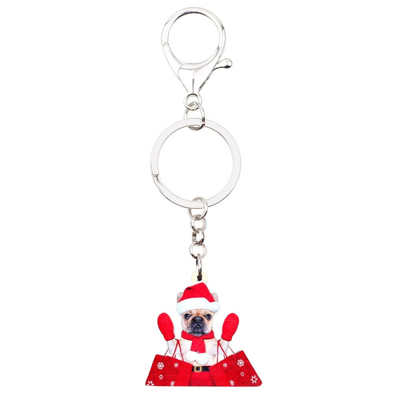 Bonsny Acrilic Cumpărături de Crăciun Bulldog Câine Breloc Inele Breloc Cadou de Crăciun Bijuterii Animale Pentru Femei Fete Brelocuri Geanta Natal