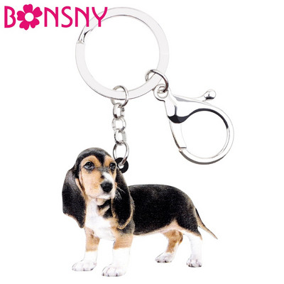 Bonsny Acrylic Sweet Basset Hound Dog Ключодържатели Ключодържатели Анимационни бижута с животни за жени Момичета Любители на домашни любимци Чанта Автомобилни талисмани Подарък