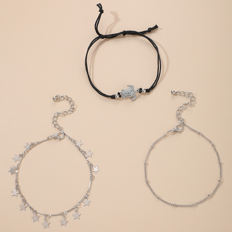 Tocona 3 buc/seturi Boemia Testoasa de mare Steaua ciucuri glezna Funie neagra Culoare argintie Picioare reglabile Lant Bijuterii de vara 13480