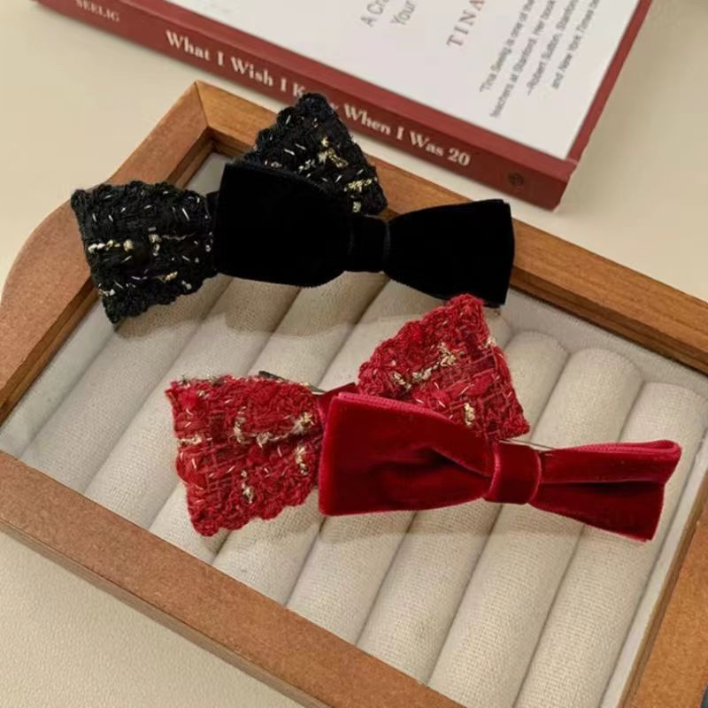 Moda coreeană Retro Houndstooth Agrafe dublu-strat cu fundă Duckbill Clips pentru femei Accesorii de păr Agrafe de păr cu temperament clasic negru