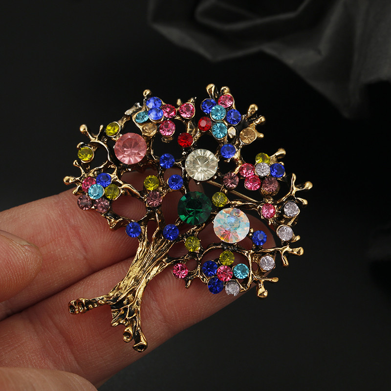 Broșă de copac al vieții de cristal, colorată, la modă