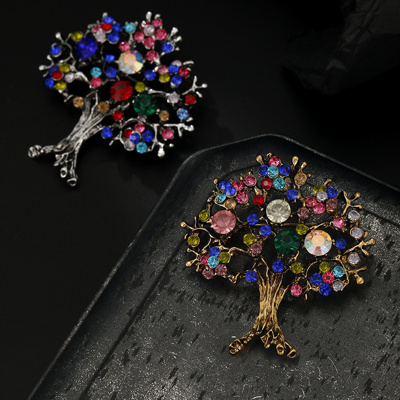 Broșă de copac al vieții de cristal, colorată, la modă