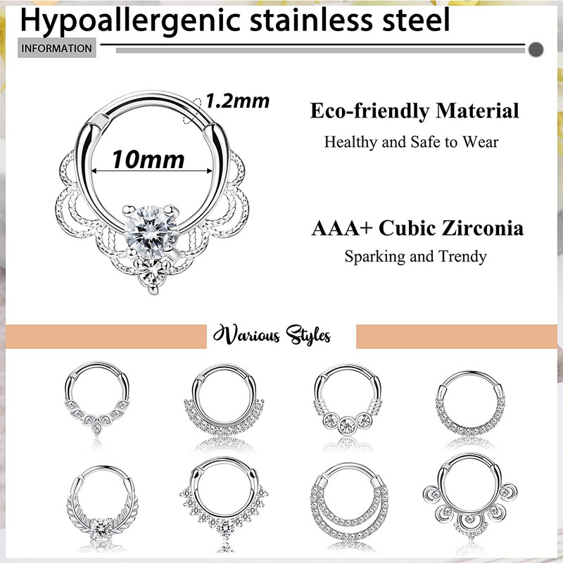 1 buc Inele 16G Septum Clicker Inele cu balamale pentru nas Inele pentru cartilaj Tragus Hoop Helix Daith Cercei Piercing nas Bijuterii 10MM