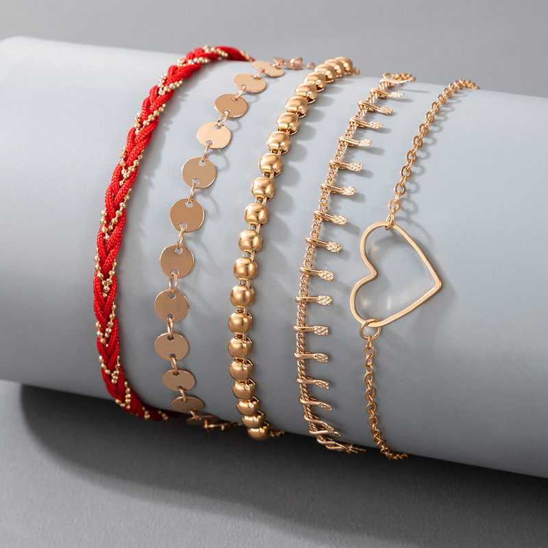 Tocona Vintage Love Heart mărgele de cireș Brațe de gleznă cu mai multe straturi pentru femei, cu geometrie, lanțuri metalice pentru picioare, bijuterii de modă