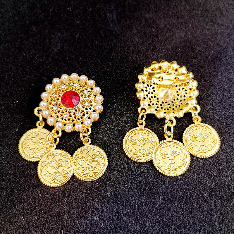 Broșă elegantă placată cu aur Broșă cu pandantiv cu monede turcești Cadouri de nuntă de mireasă arabă Ace de rever Broșe pentru îmbrăcăminte pentru femei