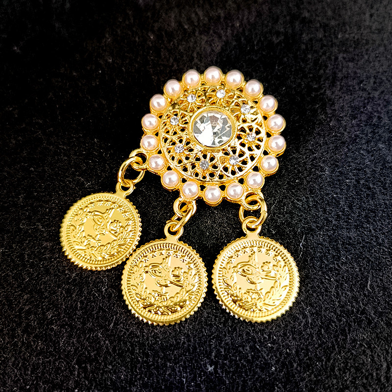 Broșă elegantă placată cu aur Broșă cu pandantiv cu monede turcești Cadouri de nuntă de mireasă arabă Ace de rever Broșe pentru îmbrăcăminte pentru femei