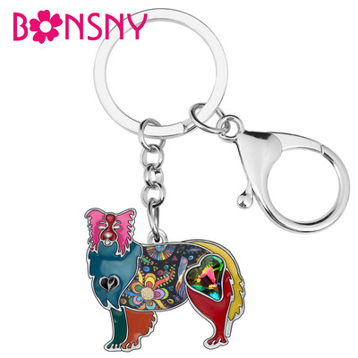 Breloc pentru câine Border Collie, din aliaj emailat Bonsny, cu strasuri, brelocuri cu chei pentru animale de companie, bijuterii pentru femei, fete, brelocuri, cadou