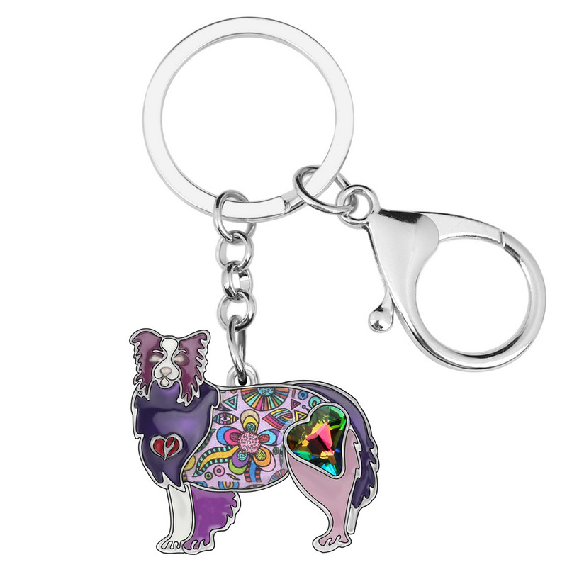 Breloc pentru câine Border Collie, din aliaj emailat Bonsny, cu strasuri, brelocuri cu chei pentru animale de companie, bijuterii pentru femei, fete, brelocuri, cadou