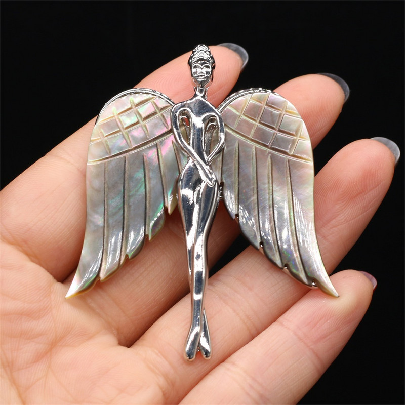 1 buc. Broșe de design cu aripi de înger la modă pentru femei pandantiv vintage din coajă de sidef naturală pentru bijuterii cu dublă utilizare Ace cadou