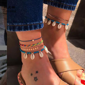 Tocona 4 buc/seturi Cochilii de plajă, glezne de vară, culoare aurie, napolitană, cu mărgele, lanț pentru picioare desculțe, pentru femei, bijuterii boeme 8621