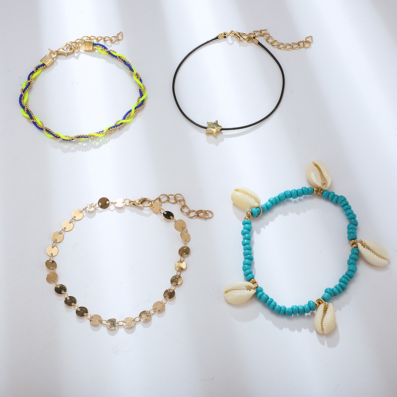 Tocona 4 buc/seturi Cochilii de plajă, glezne de vară, culoare aurie, napolitană, cu mărgele, lanț pentru picioare desculțe, pentru femei, bijuterii boeme 8621