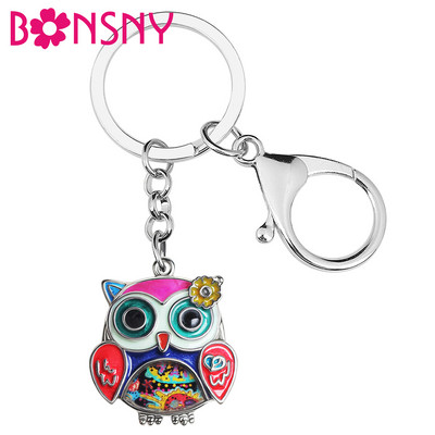 BONSNY Емайлирана сплав Floral Sweet Big Eye Owl Birds Keychains Модерна чанта Автомобилен ключодържател Пръстен Бижута за жени Мъже Teen Charm Gift
