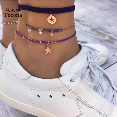 Tocona 3 τμχ/σετ Αλυσίδα ποδιών Boemian Rope Exquisite Star Clear Crystal Stone Anklet για Γυναικεία Αξεσουάρ Κοσμήματα 8605