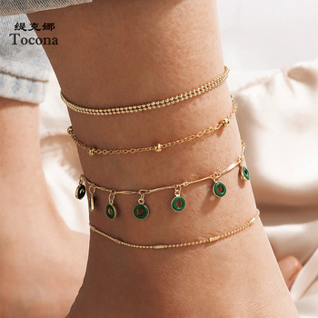 Tocona 4 бр./компл. Charms Green Dripping Oil Tassel Anklets Women New Trendy Gold Color Alloy Metal Feet Chain Летни бижута 17876