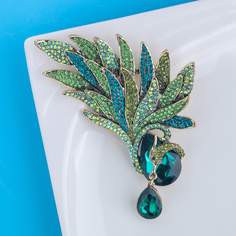 Wuli&baby Broșe mari de lux cu pene pentru femei, unisex, 3 culori, strasuri, frumusețe, flori, petrecere, broșă pentru birou, cadouri