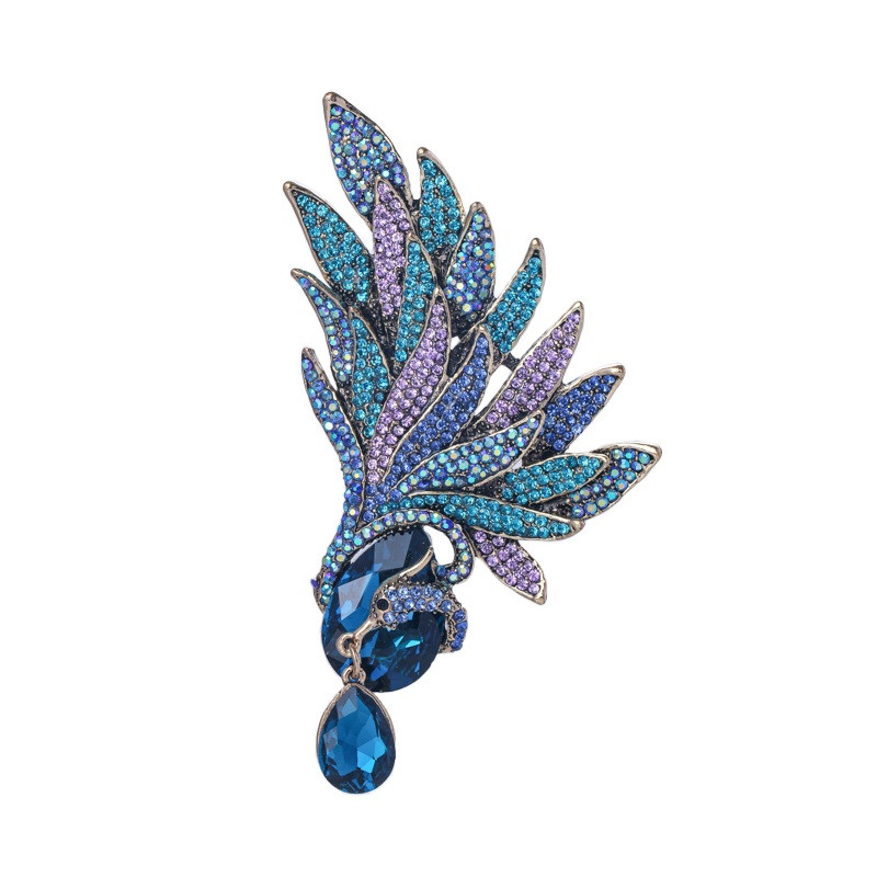 Wuli&baby Broșe mari de lux cu pene pentru femei, unisex, 3 culori, strasuri, frumusețe, flori, petrecere, broșă pentru birou, cadouri