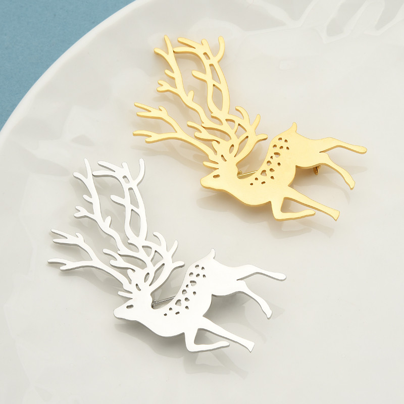 Wuli&baby Broșe de căprioară în 2 culori din oțel inoxidabil Ace de broșă de Crăciun de Anul Nou pentru femei Bijuterii unisex Cadouri