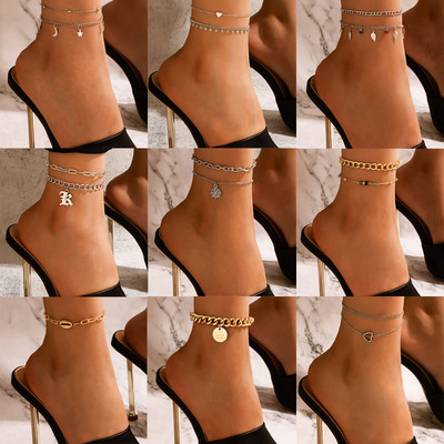 Tocona gleznă simplă cu frunze pentru femei, vară, coajă, mărgele colorate, lună, picioare, lanț reglabil, accesorii de bijuterii boeme