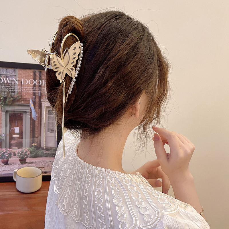 Korėjos mados perlų drugelių plaukų segtukas, moteriškas vasaros didelis, elegantiškas plaukų nagų kutais ryklio segtukas galvos apdangalas, moteriškas plaukų aksesuaras