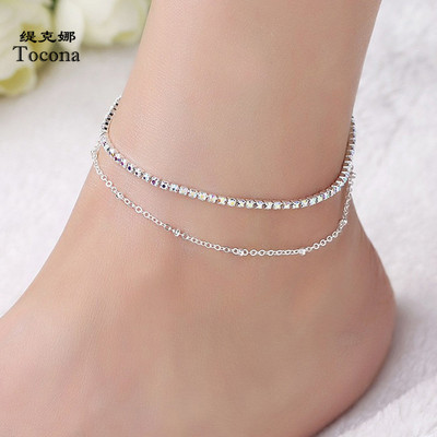 Tocona Luxury Squre Crystal Stone pėdų grandinėlė moterims Sidabrinės spalvos karoliukais, reguliuojamos kulkšnys Vasariniai papuošalų priedai w-62