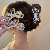 Temperament Pearl Rhinestone Bow Grab Clip For Girl Конска опашка Фиби Елегантен Нокт за коса с голям размер Дамски аксесоари за коса