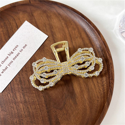 Temperament Pearl Rhinestone Bow Grab Clip For Girl Конска опашка Фиби Елегантен Нокт за коса с голям размер Дамски аксесоари за коса