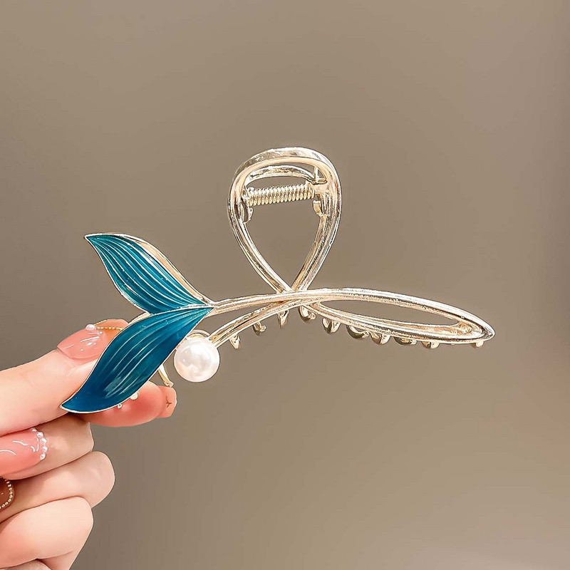 Új Blue Fishtail Pearl hajcsat Elegáns Temperamentum Női Hajtűk Exquisite Shark Clip Hair Claw Női Hajkiegészítők