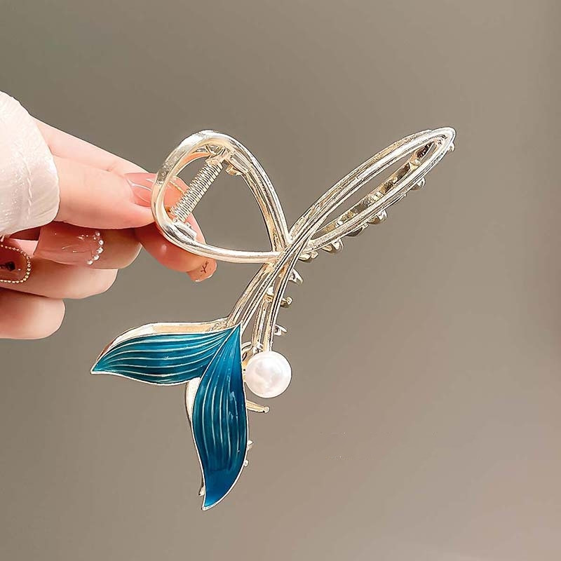 Új Blue Fishtail Pearl hajcsat Elegáns Temperamentum Női Hajtűk Exquisite Shark Clip Hair Claw Női Hajkiegészítők