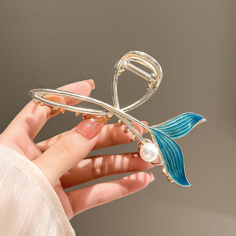 Új Blue Fishtail Pearl hajcsat Elegáns Temperamentum Női Hajtűk Exquisite Shark Clip Hair Claw Női Hajkiegészítők