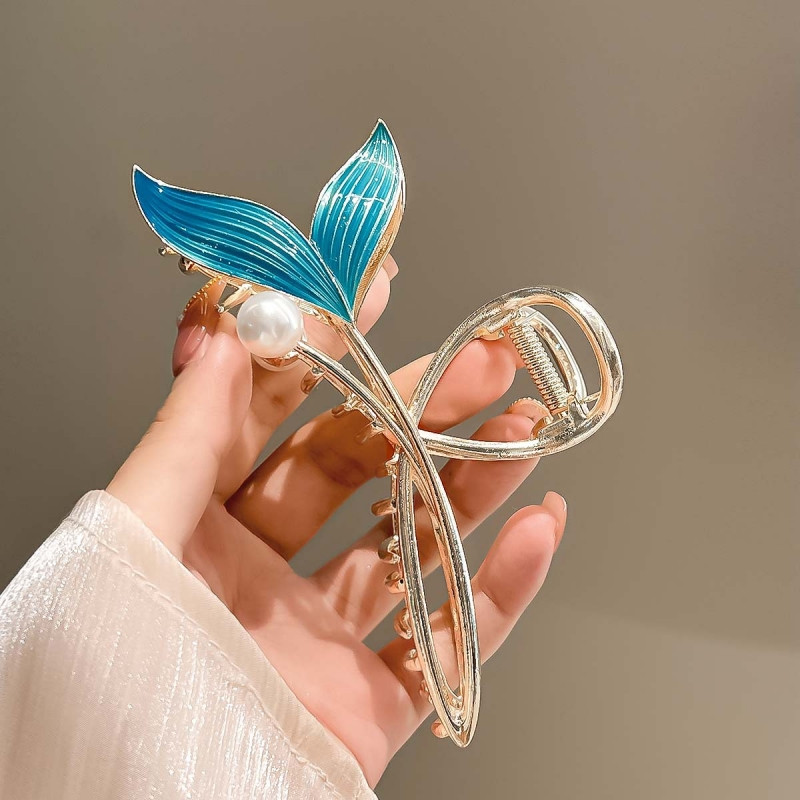 Új Blue Fishtail Pearl hajcsat Elegáns Temperamentum Női Hajtűk Exquisite Shark Clip Hair Claw Női Hajkiegészítők