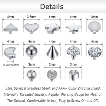 ZS 1 комплект 2,5/3/4MM CZ Crystal Micro Dermal Piercing 316L неръждаема стомана Dermal Anchor Surface Piercings Opal Skin Diver Bases