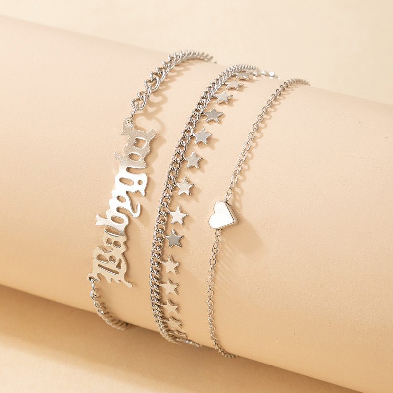 Tocona Charms Heart Letter kulkšnys moterims vyrams Sidabro spalvos lydinio metalo kutas pėdų grandinėlė Boho papuošalai 3vnt/komplektas 16929