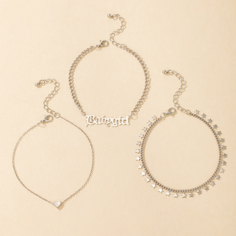 Tocona Charms Heart Letter kulkšnys moterims vyrams Sidabro spalvos lydinio metalo kutas pėdų grandinėlė Boho papuošalai 3vnt/komplektas 16929